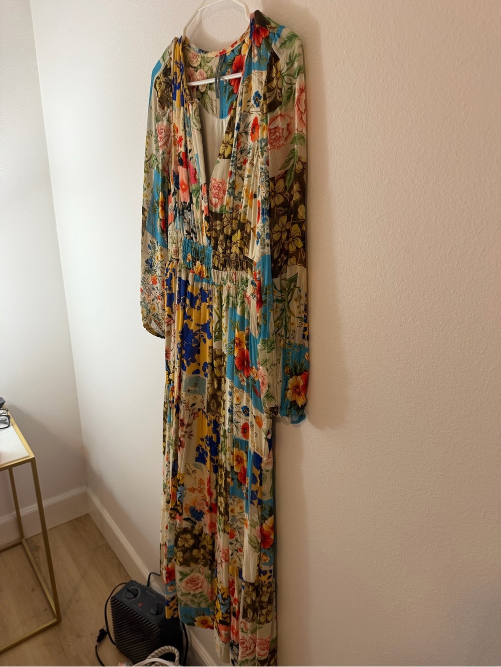 Anthropologie Floral Maxi Dress in Cream, Blue, Yellow, Green